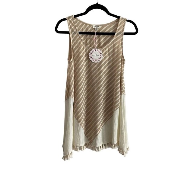 Umgee Women S Tan/Ivory Striped Sleeveless Tunic Length Boho Fringe Hem Top NWT - Picture 1 of 8